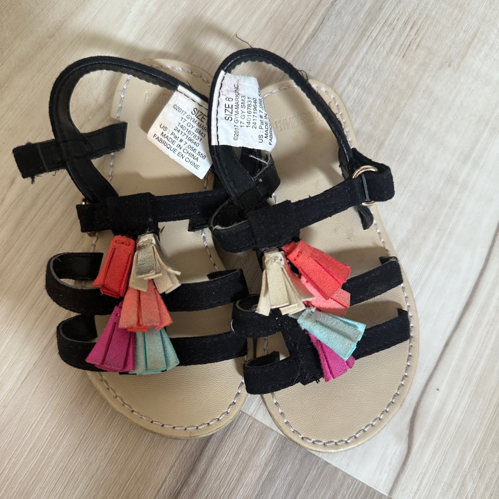 Gymboree black sandal with multicolor tassels size 6